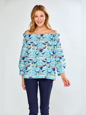 New Sara Campbell Marina Blouse Top Novelty Beach Umbrella Off Shoulder Ruffle